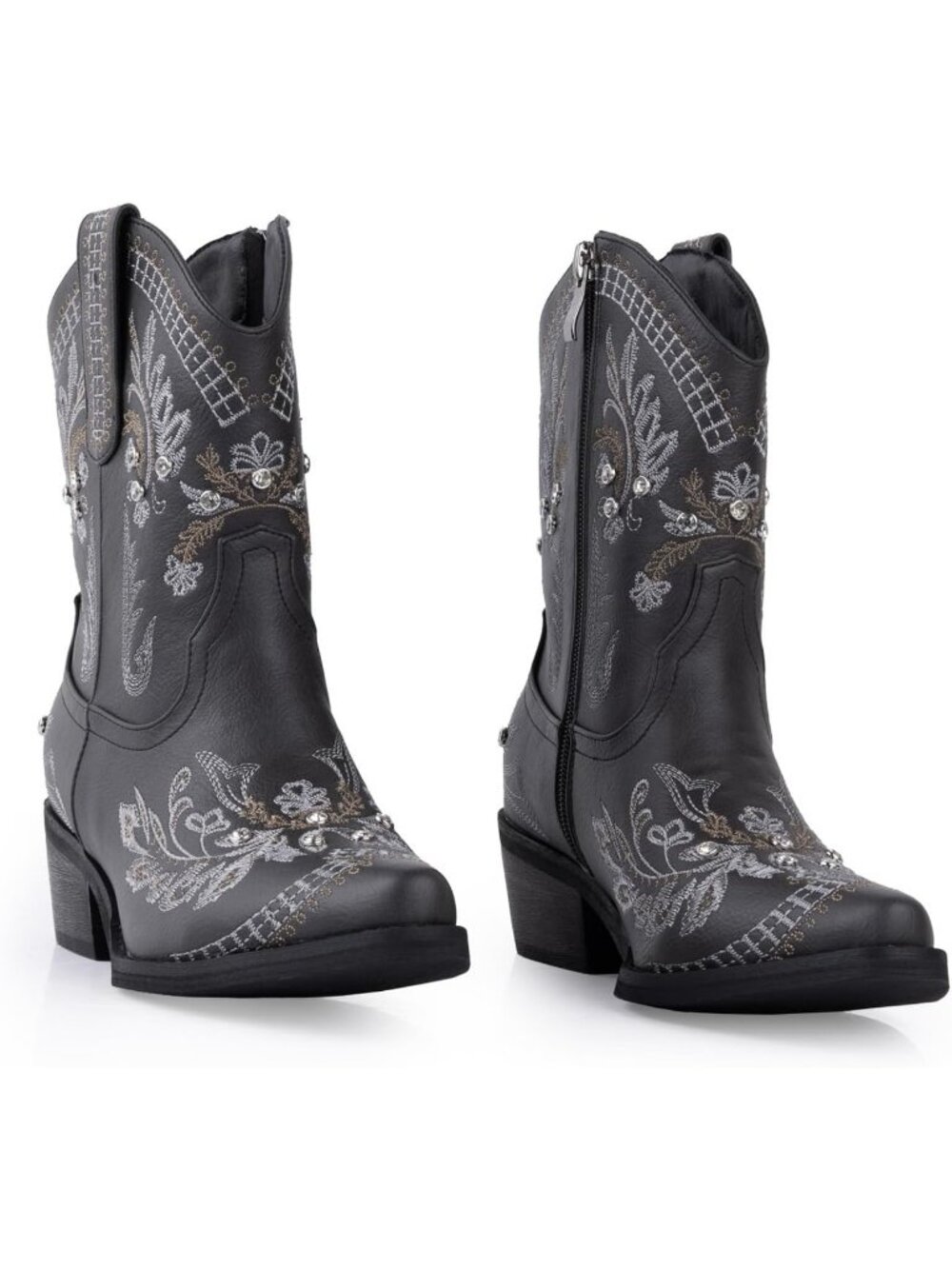 Women's Charcoal Embroidered Cowgirl Chunky Heel Side Zipper Western Booties - Picture 7 of 7